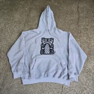 Vtg Y2k HAIDA Abstract Indigenous Art Graphic Print Nature Hooded Sweatshirt XL